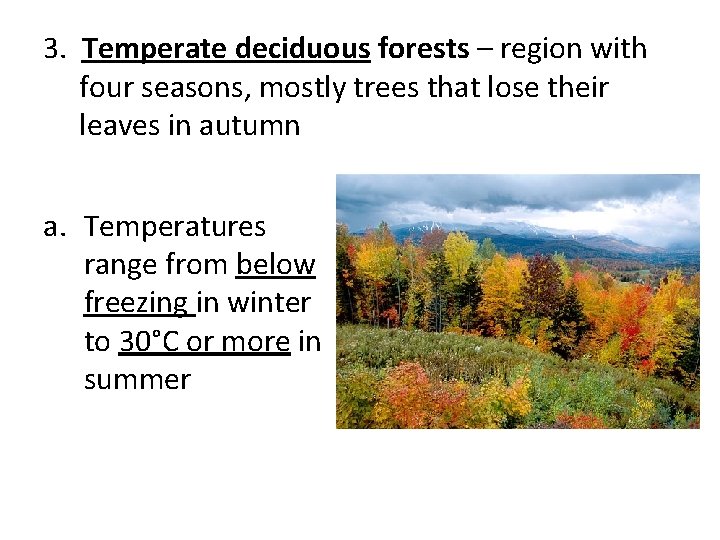 3. Temperate deciduous forests – region with four seasons, mostly trees that lose their