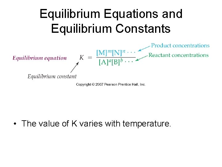 Equilibrium Equations and Equilibrium Constants • The value of K varies with temperature. 