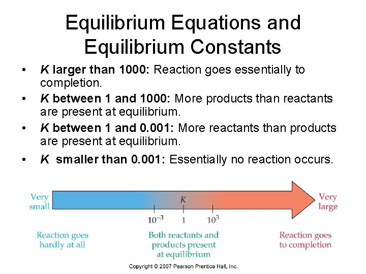 Equilibrium Equations and Equilibrium Constants • • K larger than 1000: Reaction goes essentially