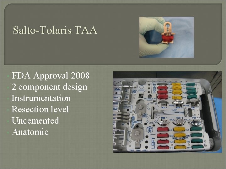 Salto-Tolaris TAA FDA Approval 2008 • 2 component design • Instrumentation • Resection level