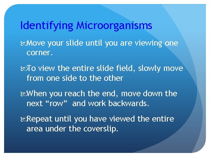 Identifying Microorganisms Move your slide until you are viewing one corner. To view the