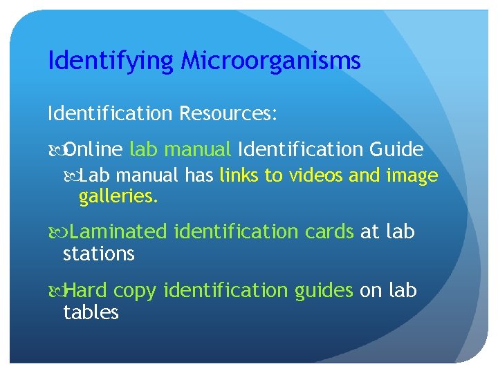 Identifying Microorganisms Identification Resources: Online lab manual Identification Guide Lab manual has links to