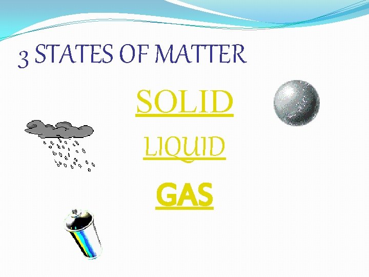 3 STATES OF MATTER SOLID LIQUID GAS 3 STATES OF MATTER SOLID LIQUID GAS