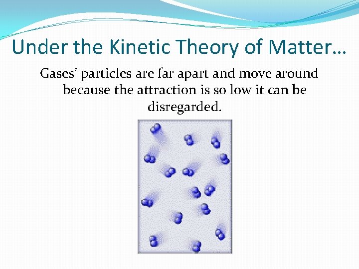 Under the Kinetic Theory of Matter… Gases’ particles are far apart and move around Under the Kinetic Theory of Matter… Gases’ particles are far apart and move around