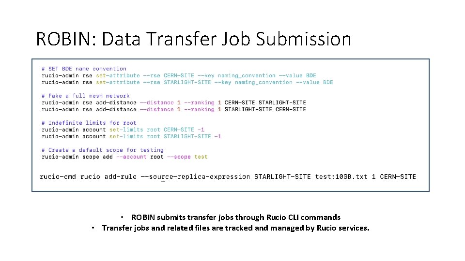 ROBIN: Data Transfer Job Submission • ROBIN submits transfer jobs through Rucio CLI commands