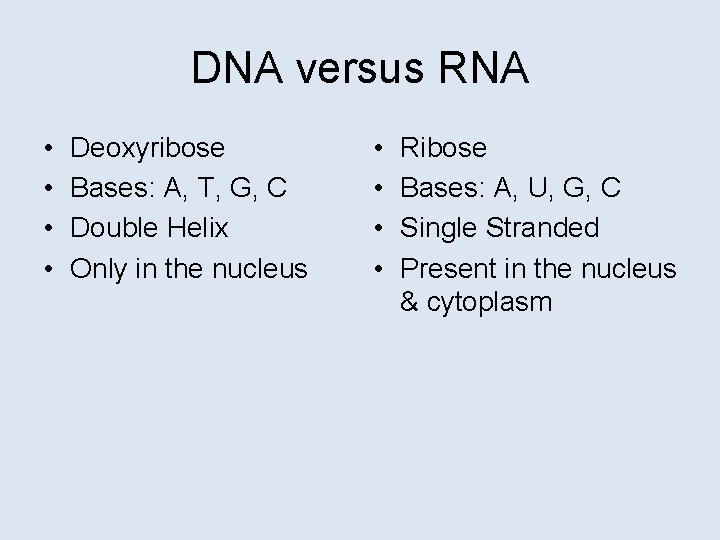 DNA versus RNA • • Deoxyribose Bases: A, T, G, C Double Helix Only