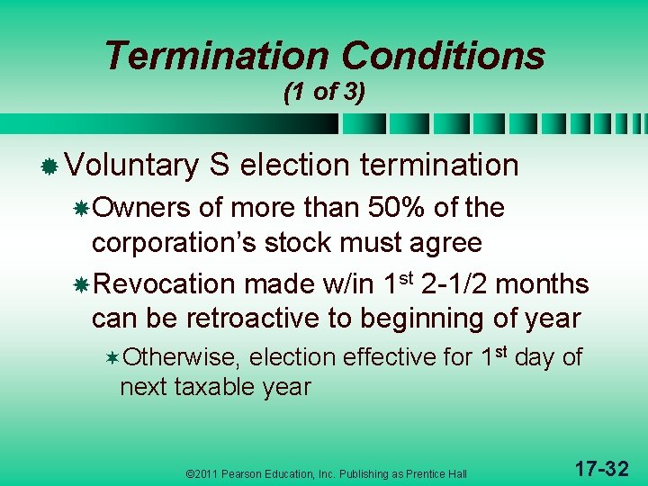 Termination Conditions (1 of 3) ® Voluntary S election termination Owners of more than