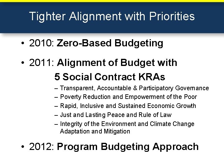 Tighter Alignment with Priorities • 2010: Zero-Based Budgeting • 2011: Alignment of Budget with