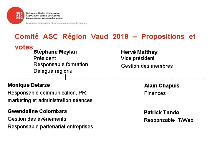 Comité ASC Région Vaud 2019 – Propositions et votes Stéphane Meylan Président Responsable formation