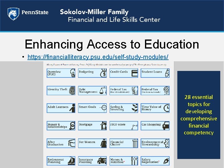 Enhancing Access to Education • https: //financialliteracy. psu. edu/self-study-modules/ 28 essential topics for developing