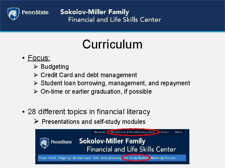 Curriculum • Focus: Ø Ø Budgeting Credit Card and debt management Student loan borrowing,