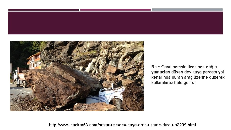 Rize Çamlıhemşin İlçesinde dağın yamaçtan düşen dev kaya parçası yol kenarında duran araç üzerine