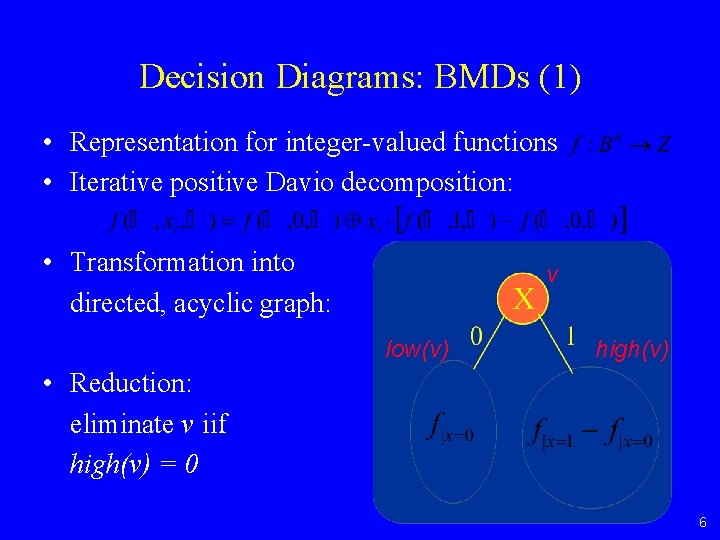 Decision Diagrams: BMDs (1) • Representation for integer-valued functions • Iterative positive Davio decomposition: