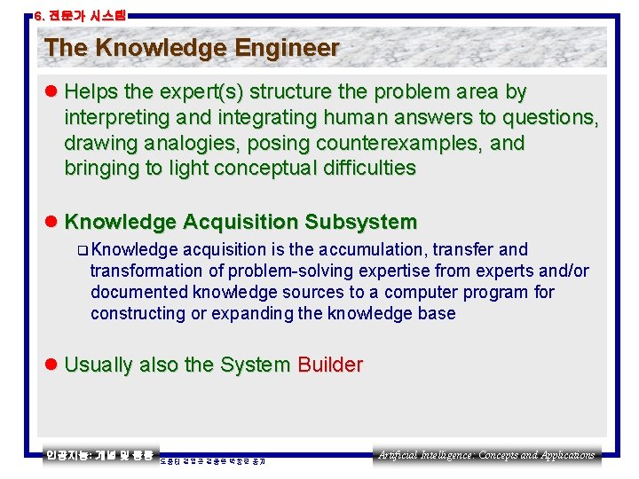 6. 전문가 시스템 The Knowledge Engineer l Helps the expert(s) structure the problem area