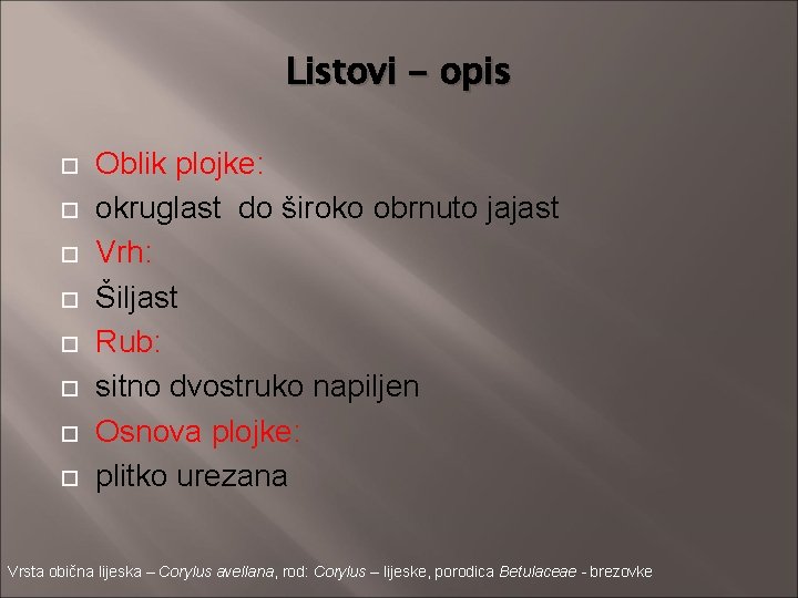 Listovi - opis Oblik plojke: okruglast do široko obrnuto jajast Vrh: Šiljast Rub: sitno