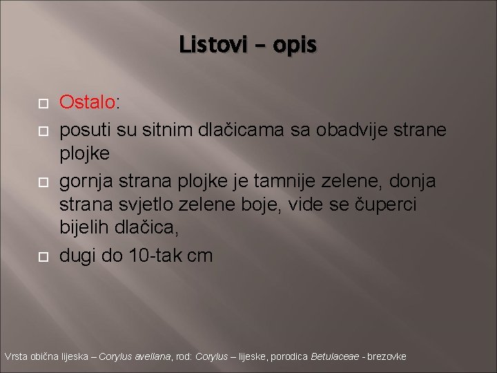 Listovi – opis Ostalo: posuti su sitnim dlačicama sa obadvije strane plojke gornja strana