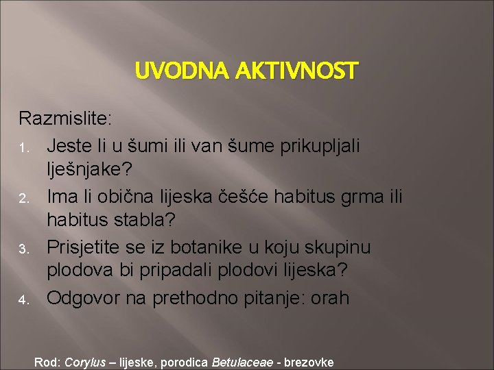 UVODNA AKTIVNOST Razmislite: 1. Jeste li u šumi ili van šume prikupljali lješnjake? 2.