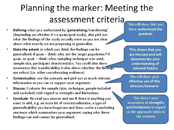 Planning the marker: Meeting the assessment criteria • • • Defining what you understand