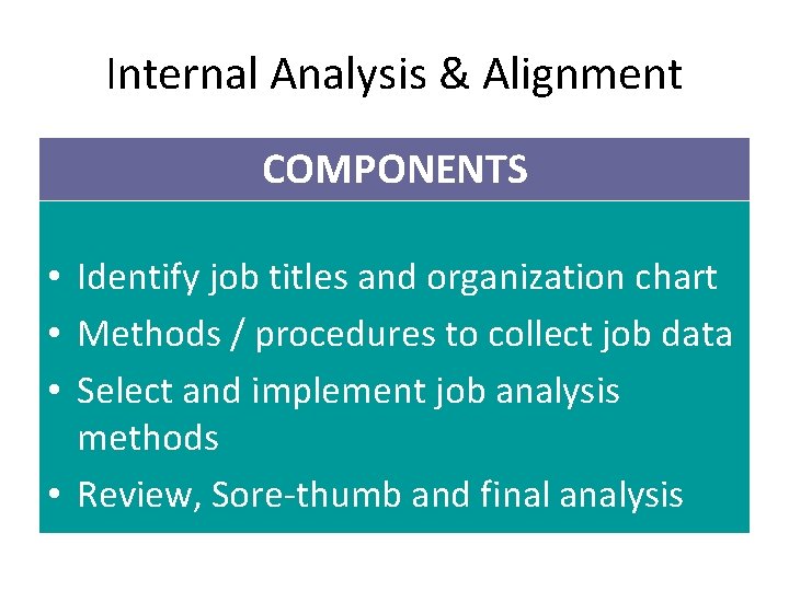 Internal Analysis & Alignment COMPONENTS • Identify job titles and organization chart • Methods