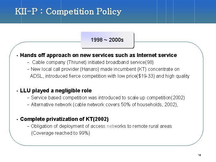 KII-P : Competition Policy 1998 ~ 2000 s • Hands off approach on new