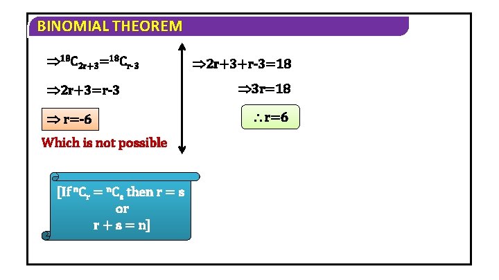 BINOMIAL THEOREM 18 C 2 r+3=18 Cr-3 2 r+3=r-3 r=-6 Which is not possible