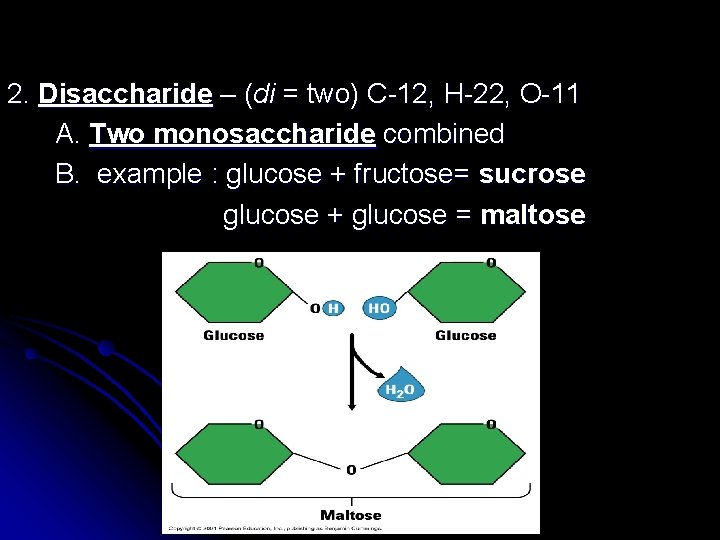 2. Disaccharide – (di = two) C-12, H-22, O-11 A. Two monosaccharide combined B.