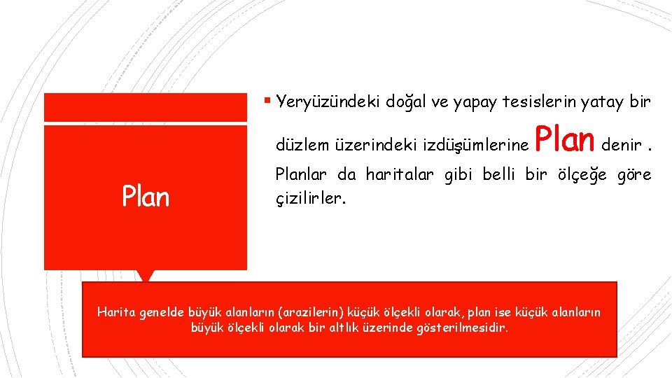  Yeryüzündeki doğal ve yapay tesislerin yatay bir düzlem üzerindeki izdüşümlerine Plan denir. Planlar