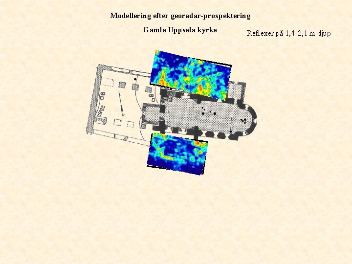 Modellering efter georadar-prospektering Gamla Uppsala kyrka Reflexer på 1, 4 -2, 1 m djup