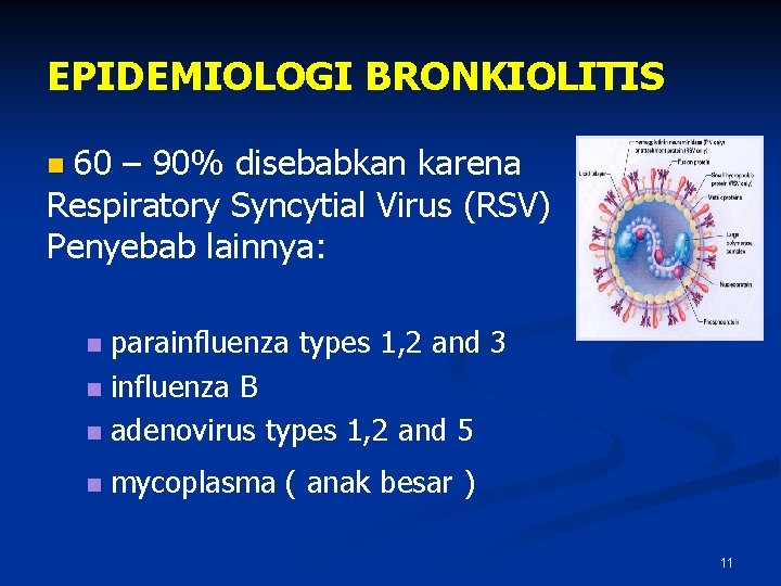 EPIDEMIOLOGI BRONKIOLITIS 60 – 90% disebabkan karena Respiratory Syncytial Virus (RSV) Penyebab lainnya: n