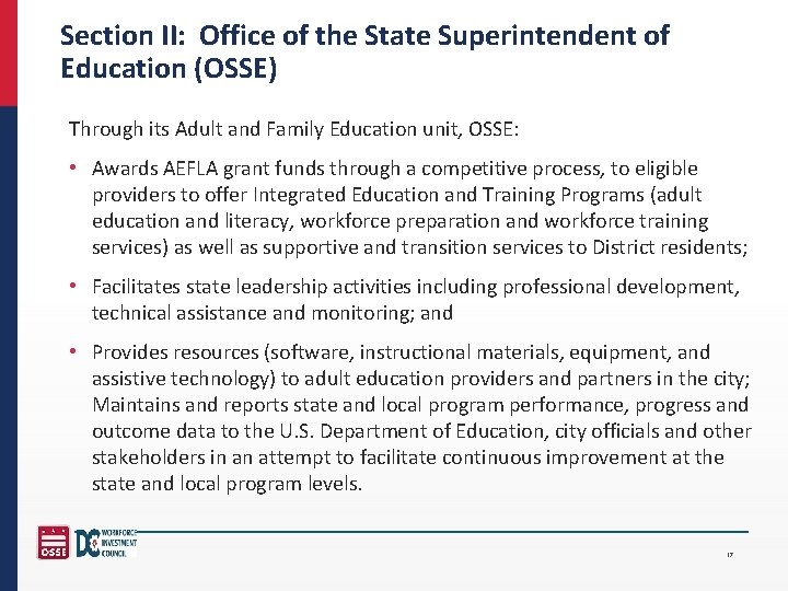 Section II: Office of the State Superintendent of Education (OSSE) Through its Adult and