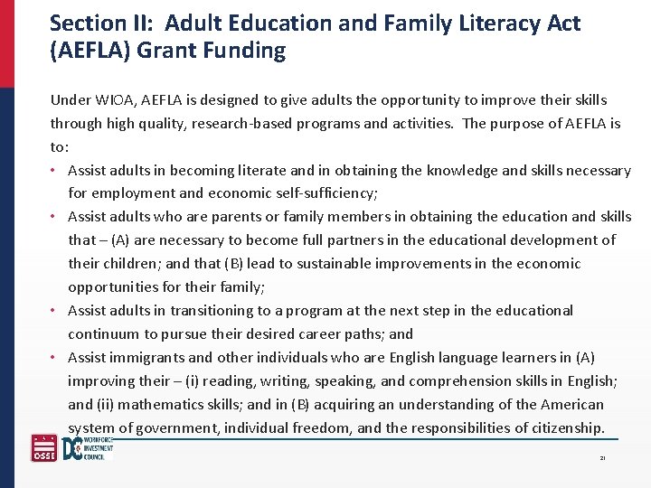 Section II: Adult Education and Family Literacy Act (AEFLA) Grant Funding Under WIOA, AEFLA