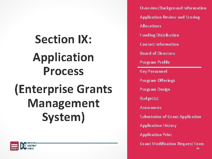 Overview/Background Information Application Review and Scoring Allocations Section IX: Application Process (Enterprise Grants Management