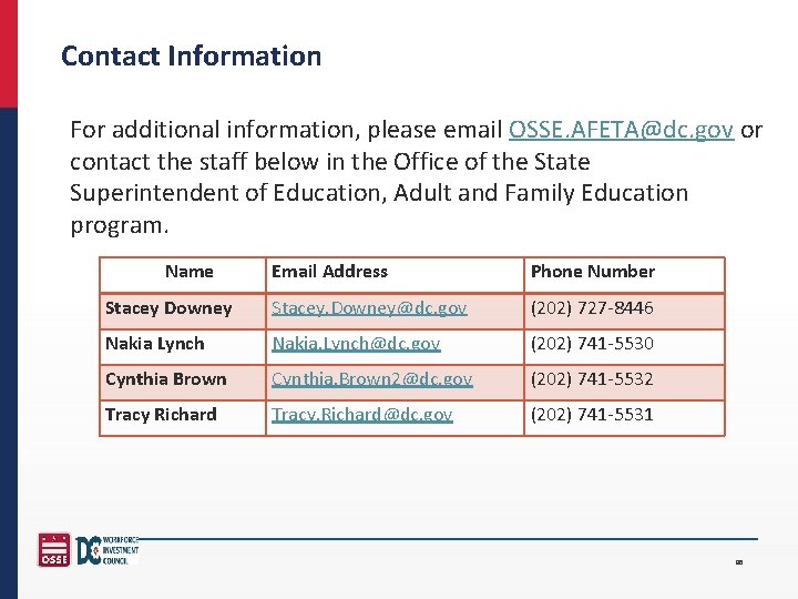 Contact Information For additional information, please email OSSE. AFETA@dc. gov or contact the staff