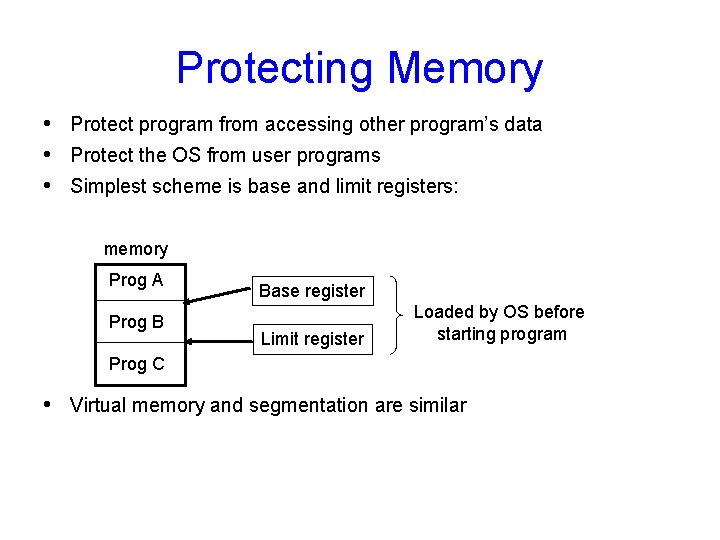 Protecting Memory • Protect program from accessing other program’s data • Protect the OS