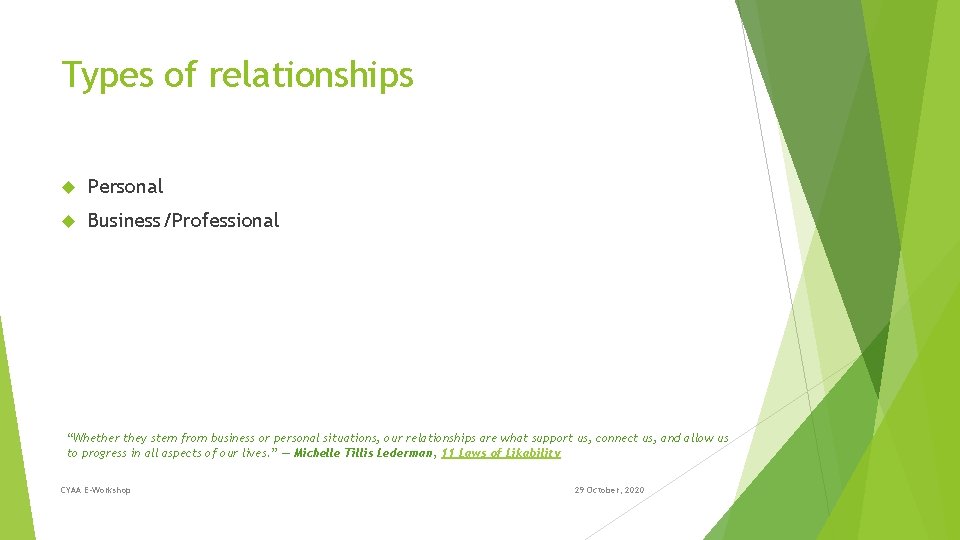 Types of relationships Personal Business/Professional “Whether they stem from business or personal situations, our