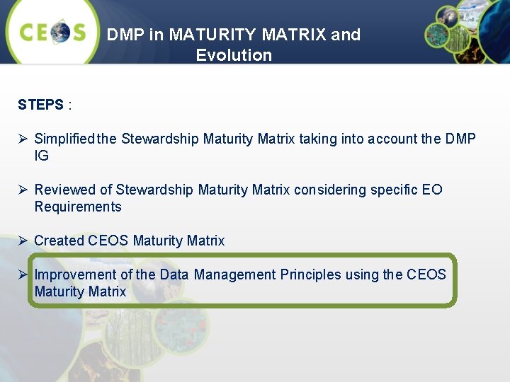 DMP in MATURITY MATRIX and Evolution STEPS : Ø Simplified the Stewardship Maturity Matrix