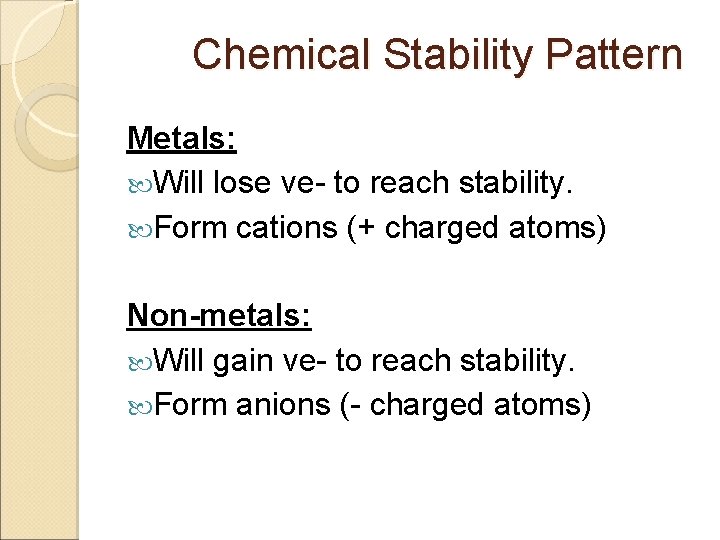 Chemical Stability Pattern Metals: Will lose ve- to reach stability. Form cations (+ charged