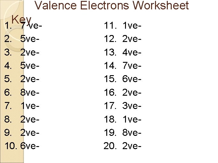 Valence Electrons Worksheet Key 1. 7 ve 2. 5 ve 3. 2 ve 4.