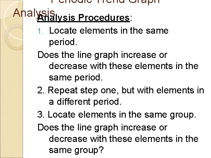 Periodic Trend Graph Analysis Procedures: Locate elements in the same period. Does the line