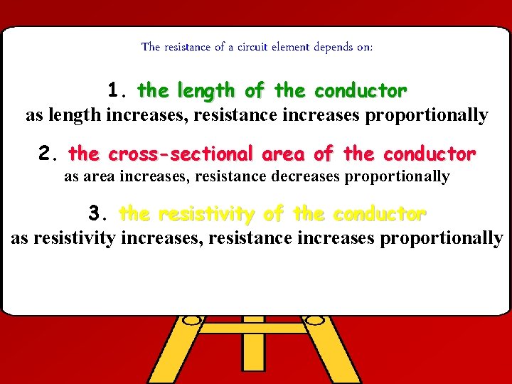The resistance of a circuit element depends on: 1. the length of the conductor The resistance of a circuit element depends on: 1. the length of the conductor