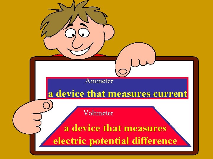 Ammeter a device that measures current Voltmeter a device that measures electric potential difference Ammeter a device that measures current Voltmeter a device that measures electric potential difference