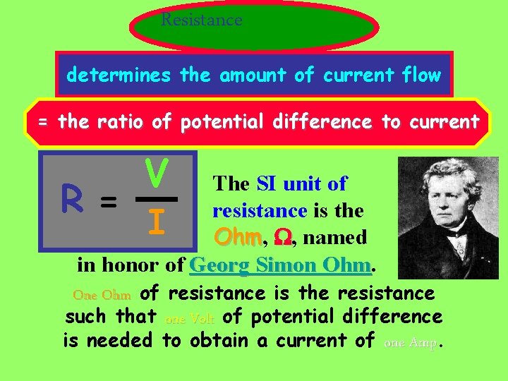 Resistance determines the amount of current flow = the ratio of potential difference to Resistance determines the amount of current flow = the ratio of potential difference to