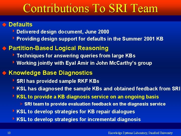 Contributions To SRI Team u Defaults 4 Delivered design document, June 2000 4 Providing