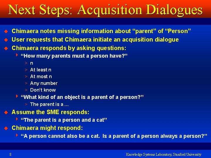 Next Steps: Acquisition Dialogues Chimaera notes missing information about “parent” of “Person” u User
