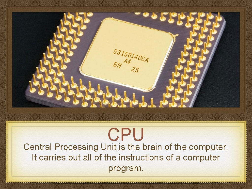 CPU Central Processing Unit is the brain of the computer. It carries out all