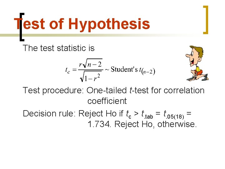 Test of Hypothesis The test statistic is Test procedure: One-tailed t-test for correlation coefficient