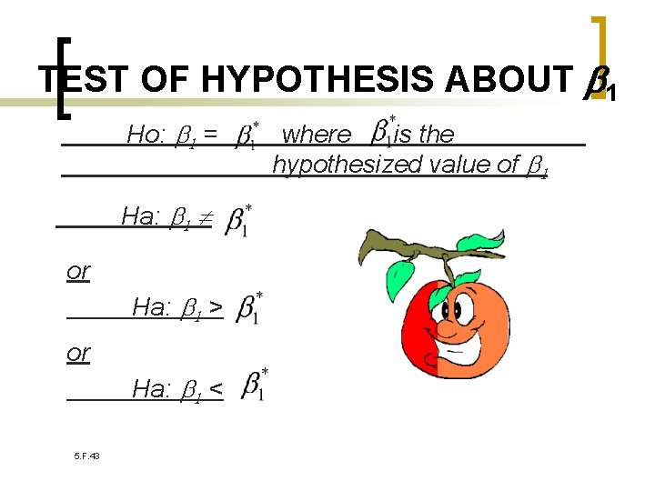 TEST OF HYPOTHESIS ABOUT 1 Ho: b 1 = Ha: b 1 or Ha: