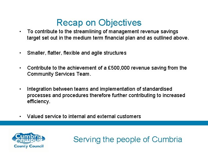 Recap on Objectives • To contribute to the streamlining of management revenue savings target