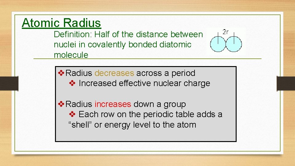 Atomic Radius Definition: Half of the distance between nuclei in covalently bonded diatomic molecule