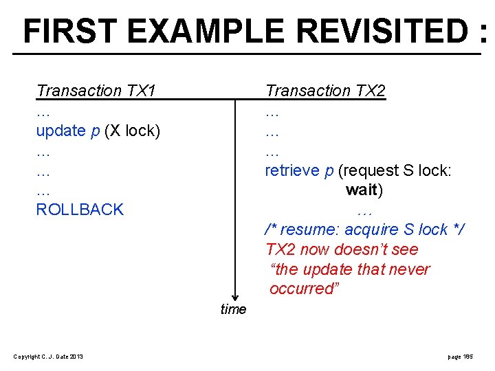 FIRST EXAMPLE REVISITED : Transaction TX 1 … update p (X lock) … …
